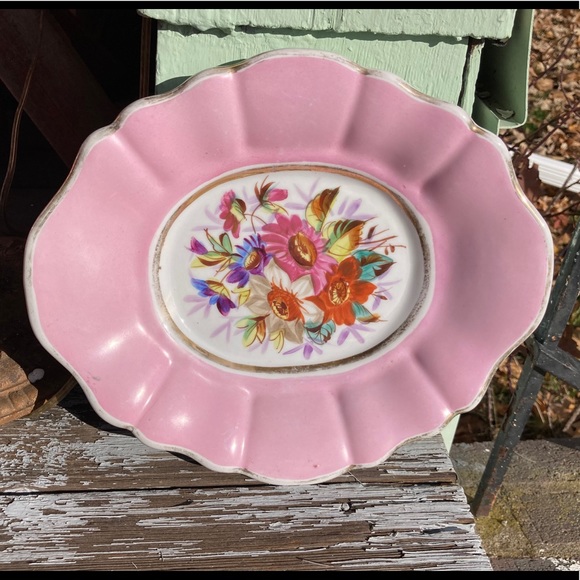 Dining Vintage European Pink Floral Plate Fluted Oval Stamped Prag